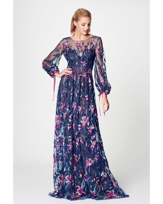 Marchesa notte Navy Blue Long Sleeve Floral Evening Gown | Lyst