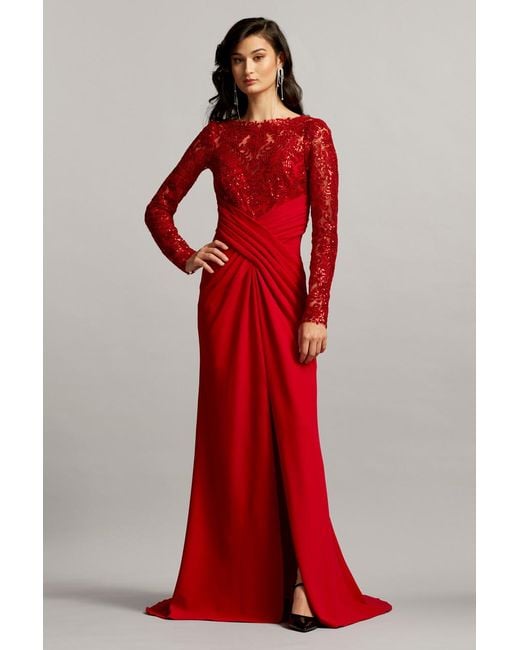 Tadashi Shoji Tulle Mixed Media Gown With High Slit in Red Lyst