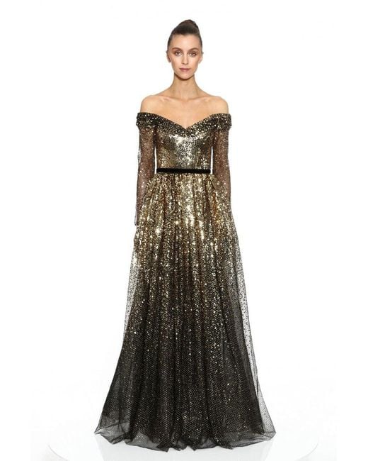 Marchesa notte Multicolor Off Shoulder Black Gold Degrade Sequin Gown
