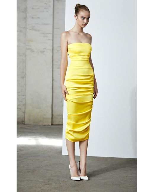 Alex Perry Yellow Ace Strapless Ruched Satin Midi Dress