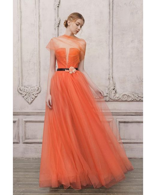 The Atelier Couture Orange Sheer Illusion A-Line Gown