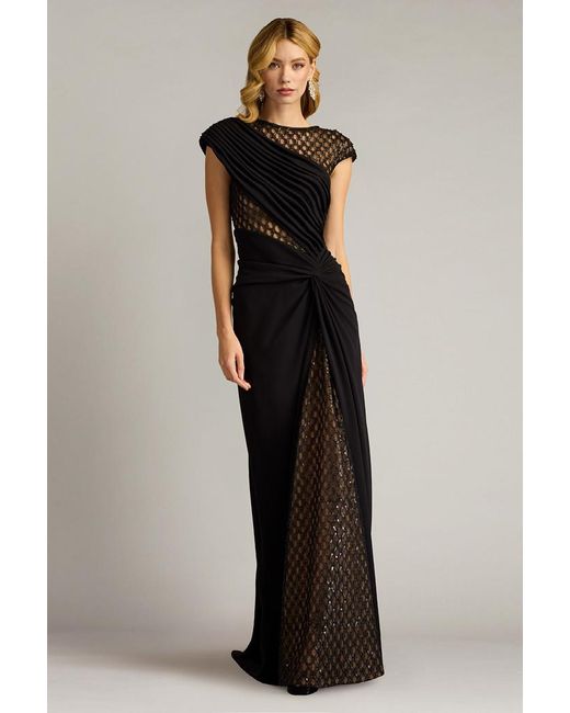 Tadashi Shoji Multicolor Textured Crepe Gown- With Sheer Details