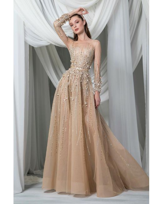 Tony Ward Multicolor Long Sleeve Embellished Tulle Gown