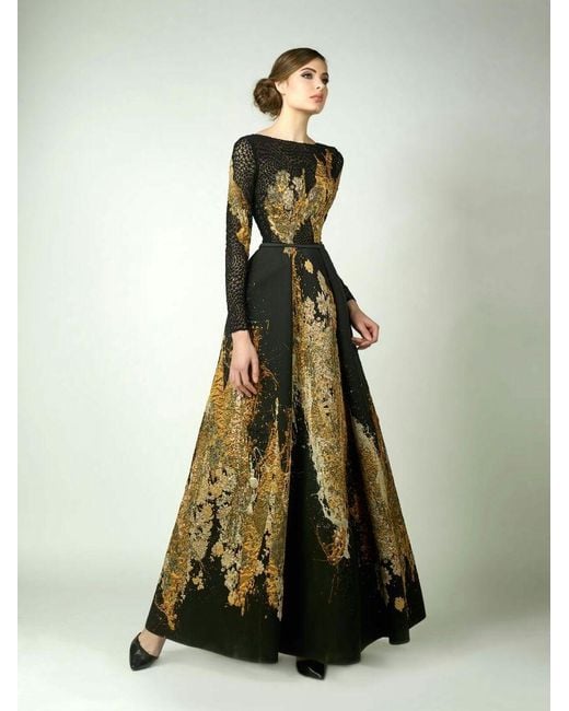 Edward Arsouni Metallic Divina By Black And Gold Long Sleeve Evening Gown