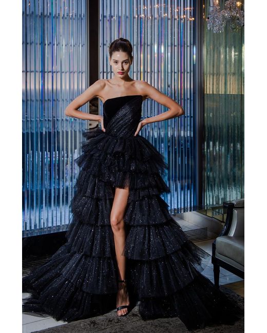 Andrew Kwon Blue Strapless Tiered A-Line Slit Gown