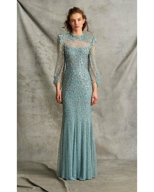 Jenny Packham Multicolor Long Sleeve Beaded Gown