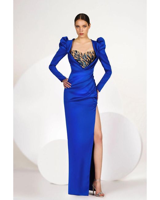 Gatti Nolli by Marwan Blue Plunging Gown With Embroidered Corset