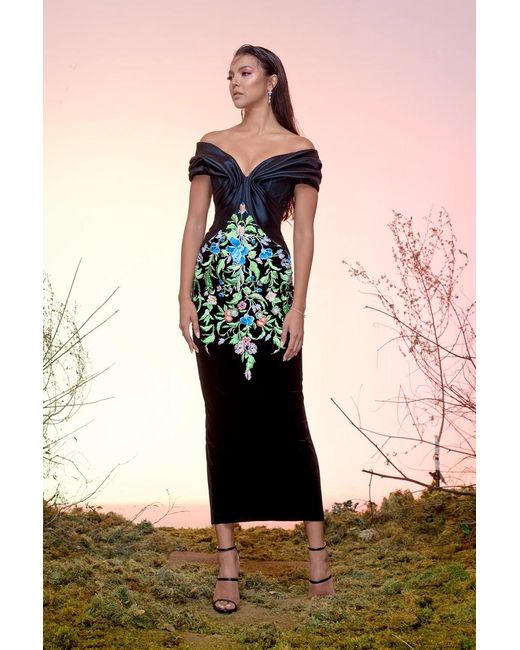 Mark Bumgarner Black Off Shoulder Silk Gazar And Velvet Dress