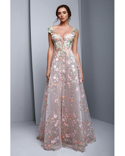 Gemy Maalouf Beside Couture By Gemy Pink Embroidered Floral Evening Gown
