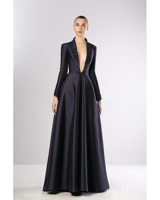 Edward Arsouni Blue Long Sleeve Beaded Faille A-Line Gown