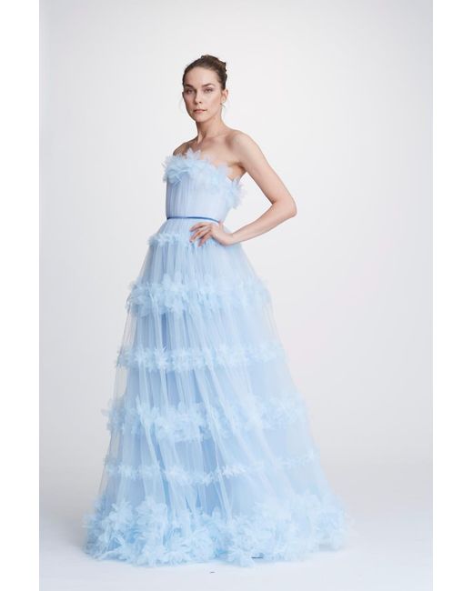 Marchesa notte Blue Strapless Tulle Ball Gown