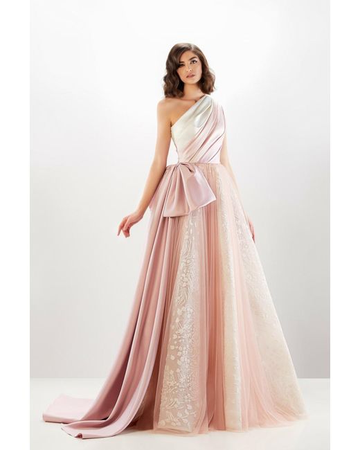 Abdo Aoude Couture Pink One Shoulder Draping Bow Gown
