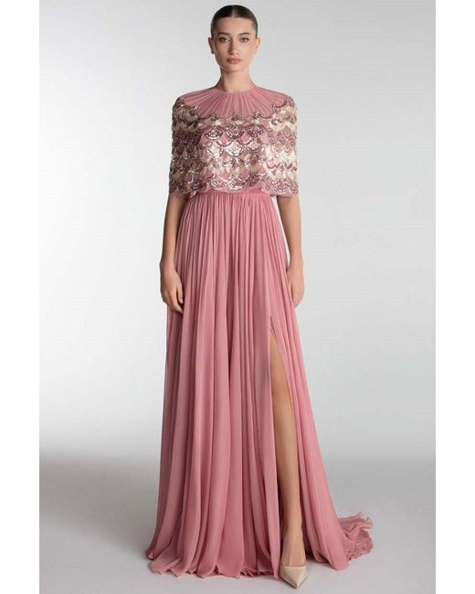 Gatti Nolli by Marwan Pink Cape Gown With Slit