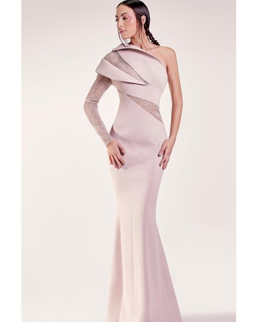 Gaby Charbachy Pink Asymmetrical Fitted Gown