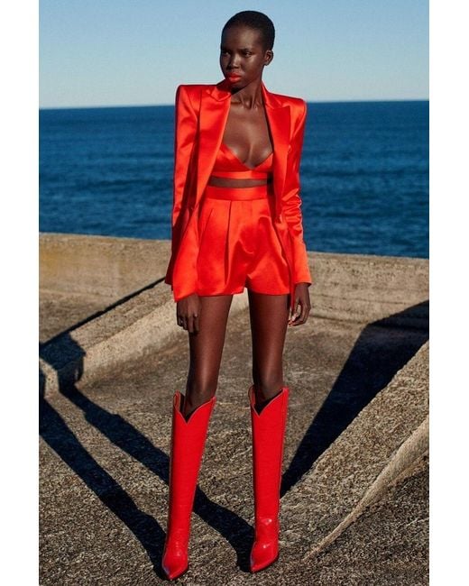 Alex Perry Duchess Silk Satin Blazer Bralette And Shorts in Red