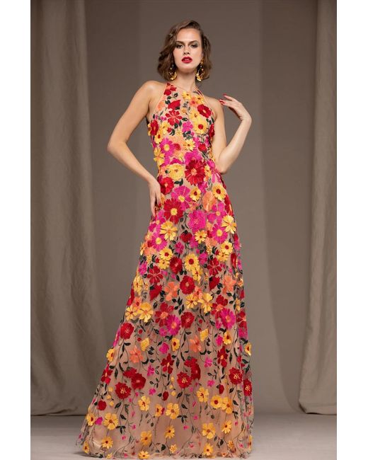 Naeem Khan Red Floral Lace Gown