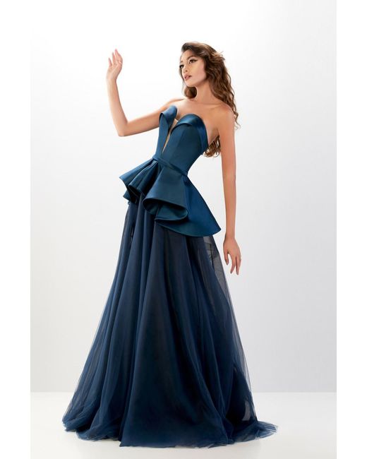 Abdo Aoude Couture Blue Peplum Strapless Gown