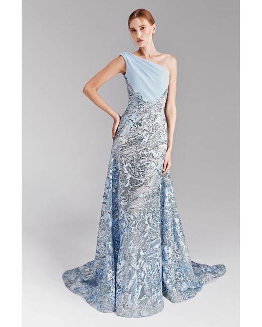 Tony Ward Blue One-Shoulder Pattern Gown