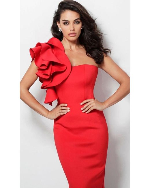 red ruffle shoulder dress
