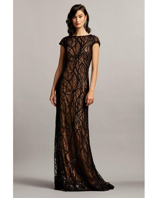 Tadashi Shoji Embroidered tulle Cap Sleeve Gown in Brown Lyst