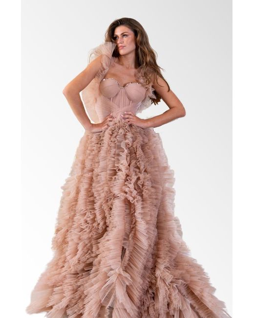 Gatti Nolli by Marwan Pink Ruffled Feather Gown