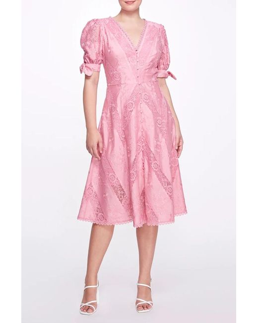 Pink Short Sleeve Lace Midi Dress | Lyst