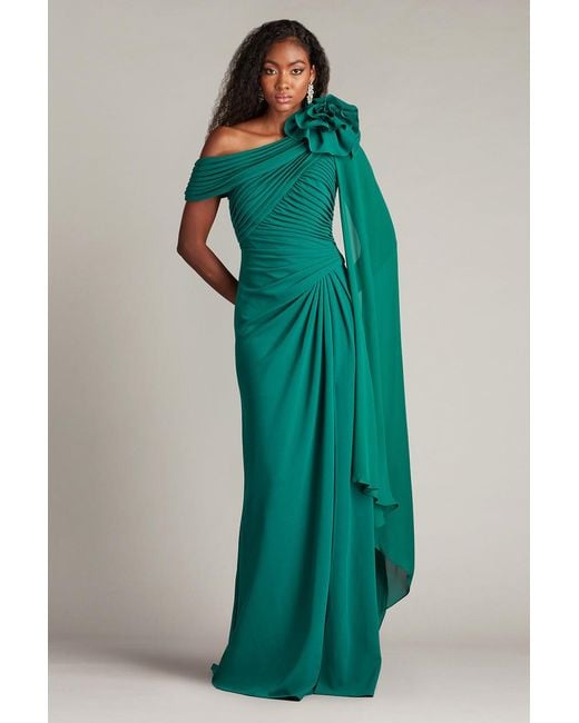 Tadashi Shoji Green Off Shoulder Gown With Cape-Sleeve