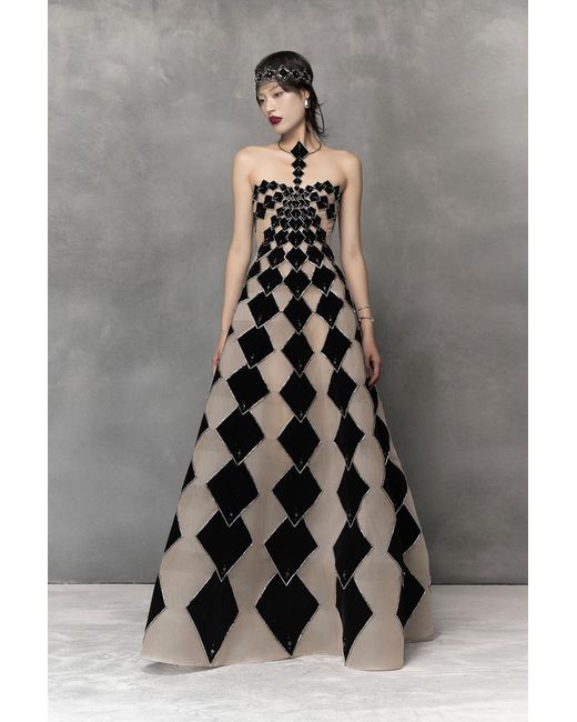 Phan Huy Gray A-Line Sheer Tulle Gown With Velvet Fabric Cuts