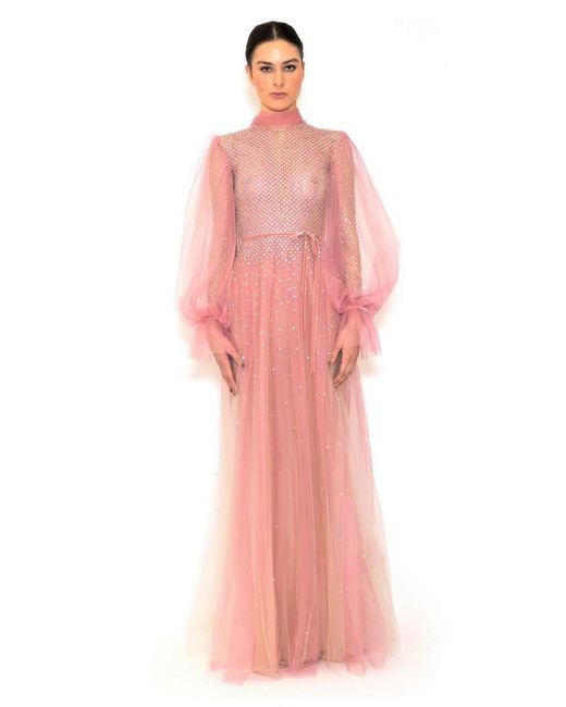 Reem Acra Pink High Neck Embroidered Long Sleeve Gown