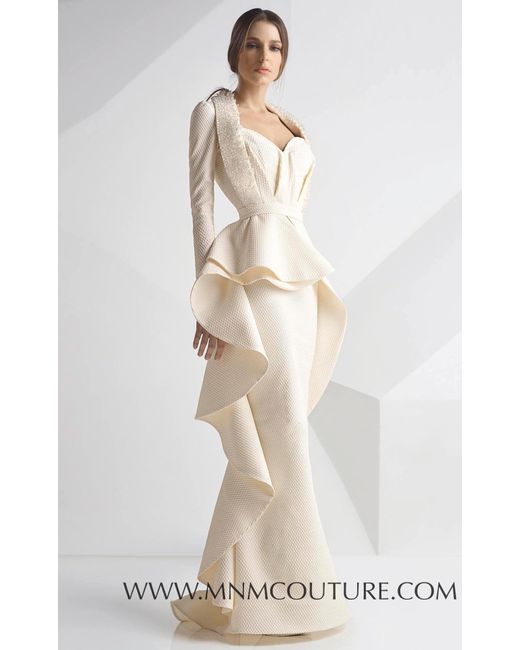 Mnm Couture White Textured Peplum Evening Dress G0743