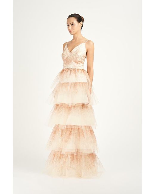 Marchesa Natural V-Neck Glitter Tulle 5-Tiered Gown