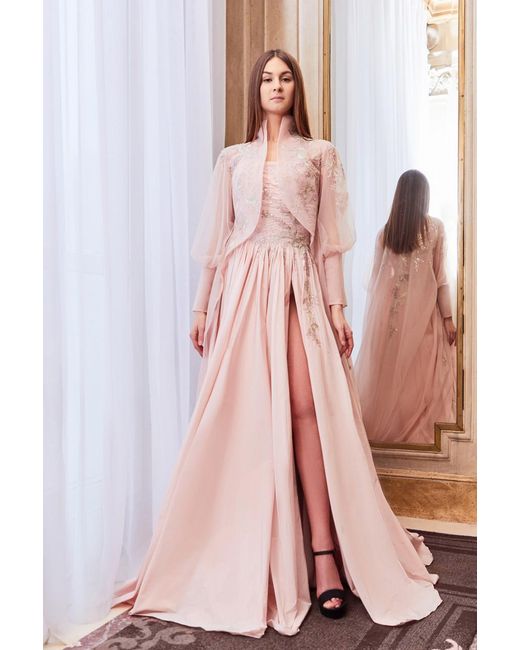 Gatti Nolli by Marwan Pink Strapless A-Line Slit Gown With Cape
