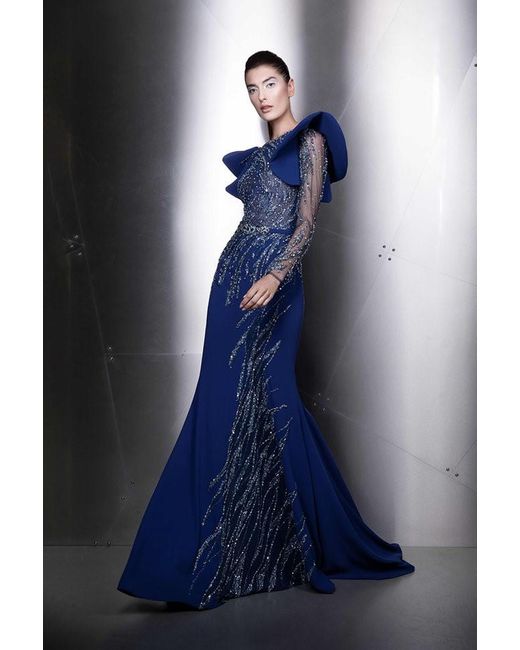 Ziad Nakad Blue Embellished Long Sleeve Fit And Flare Gown