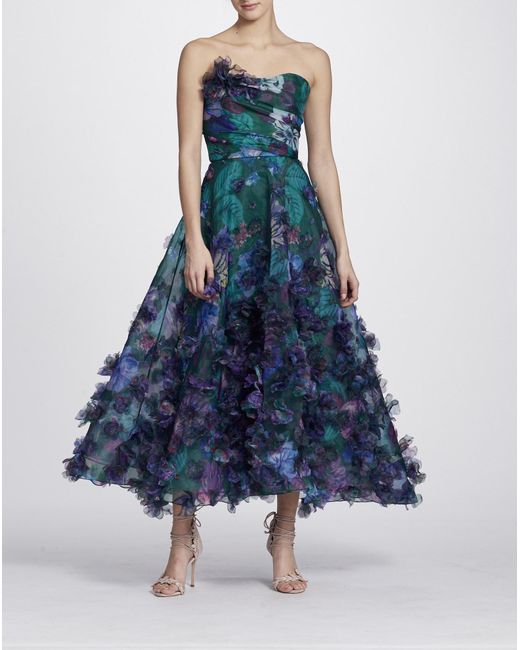 Marchesa notte Strapless 3d Floral Embroidered Midi Tea Dress in Green ...
