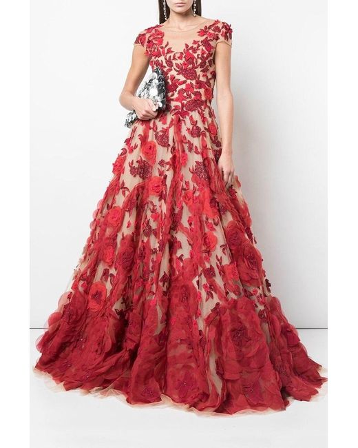 Marchesa Red Embellished Tulle & Silk Organza Dress