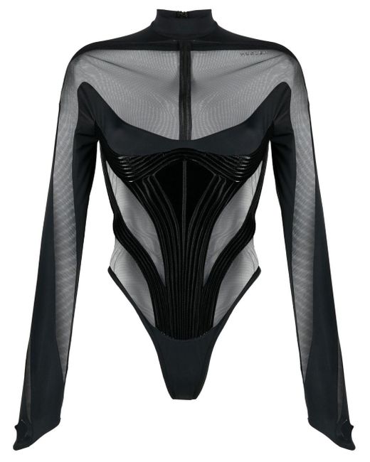 Mugler Mesh-panelling Corseted Bodysuit in Black | Lyst UK