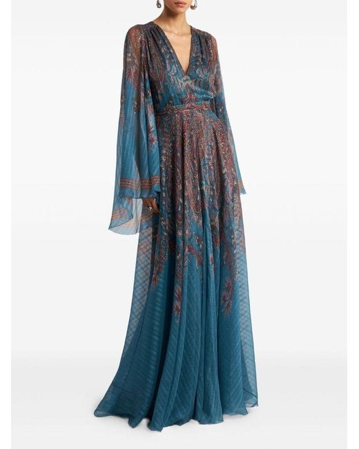 Etro Blue Long Dress With Paisley Print