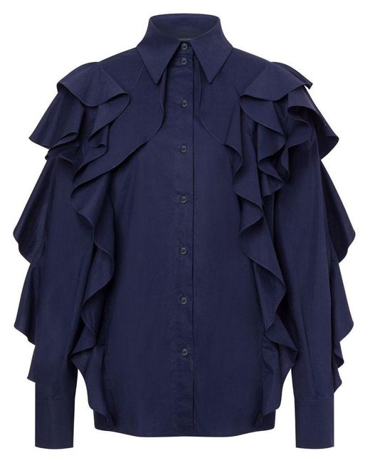 Alberta Ferretti Blue Stretch-Cotton Ruffled Detailing