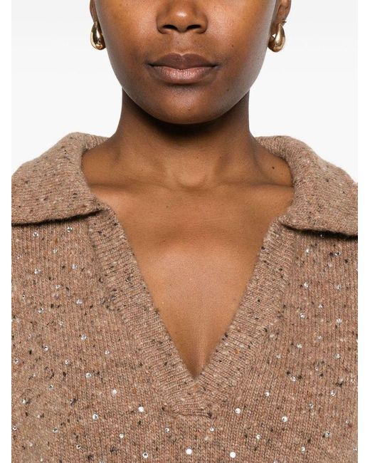 Pinko Natural Rhinestone-Embellished Polo-Neck Sweater