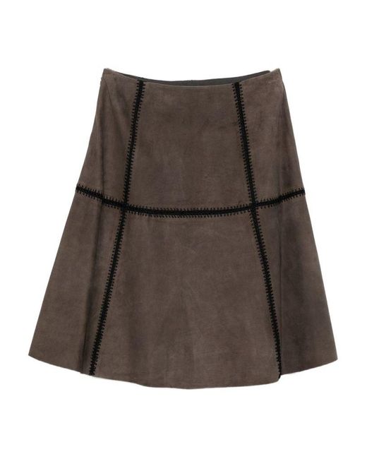 Blugirl Blumarine Brown Suede Midi Skirt With Insert Design