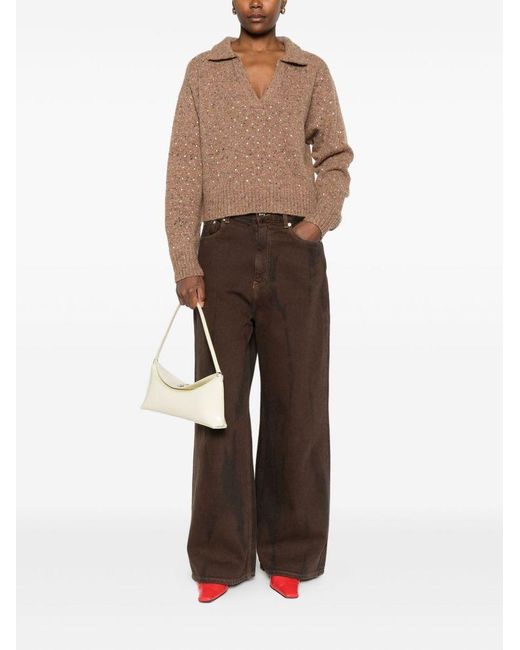 Pinko Natural Rhinestone-Embellished Polo-Neck Sweater