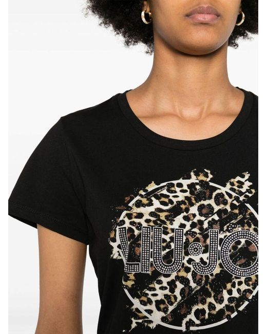 | T-shirt in cotone con logo con strass e stampa animalier | female | NERO | S di Liu Jo in Black