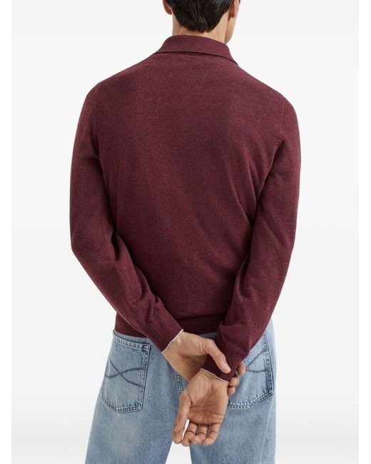 Brunello Cucinelli Red Long-Sleeve Cashmere Polo Shirt for men