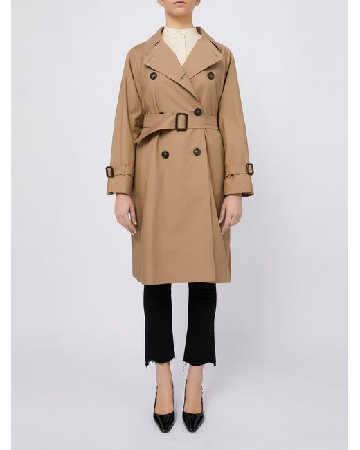 Max Mara Natural Double-Breasted Midi Trench Coat Made From A Water-Repellent Cotton Blend Twill
