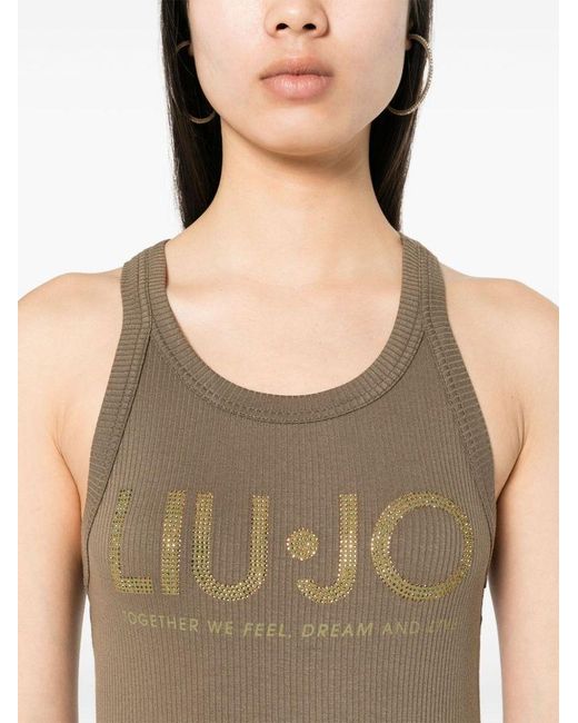 | T-shirt in viscosa senza maniche con logo e strass | female | VERDE | L di Liu Jo in Brown