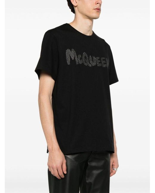 | T-shirt in cotone con stampa logo frontale con strass | male | NERO | XL di Alexander McQueen in Black da Uomo