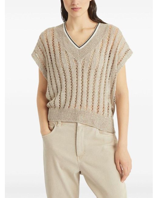 Brunello Cucinelli Natural Linen Blend Openwork V-Neck Sweater