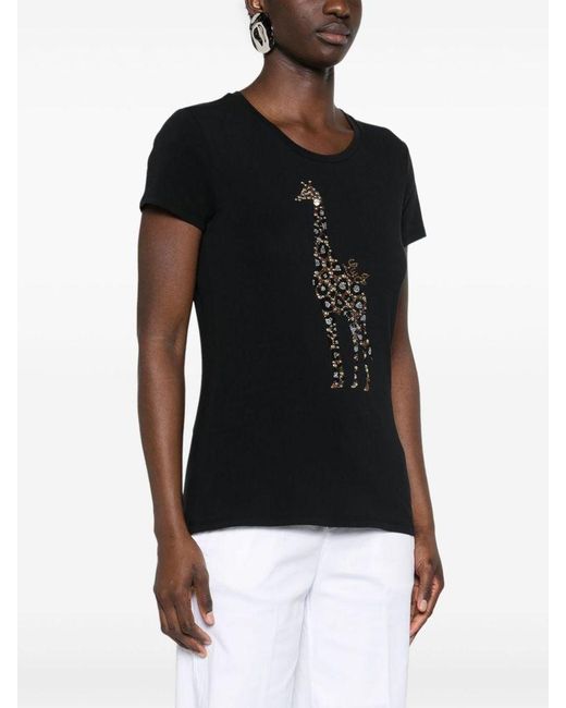 | T-shirt in cotone stretch con stampa giraffa con strass | female | NERO | M di Liu Jo in Black