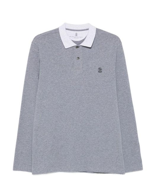 Brunello Cucinelli Gray Long-Sleeved Cotton Polo Shirt for men