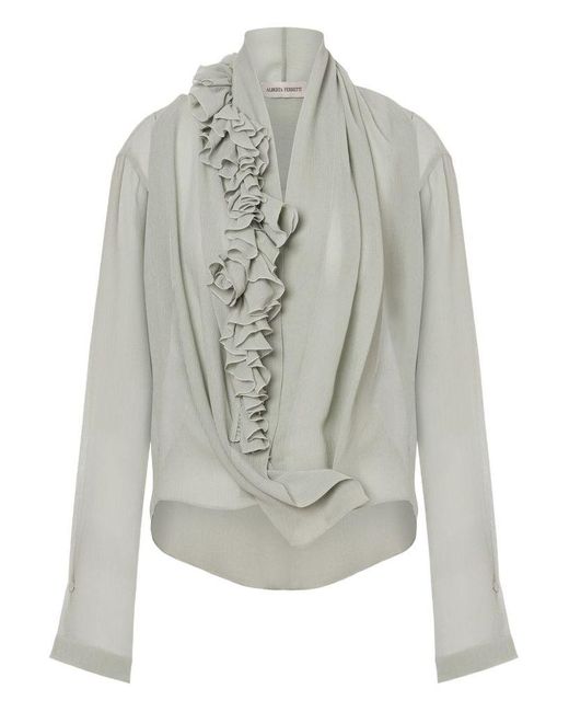 Alberta Ferretti Gray V-Neck Blouse With Ruches